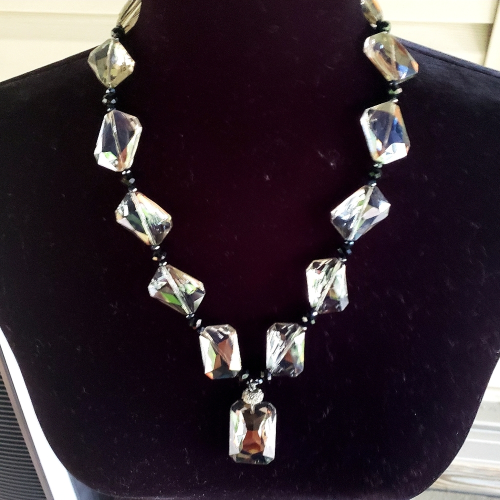 Grey Tinted Crystal and Black Beaded Necklace